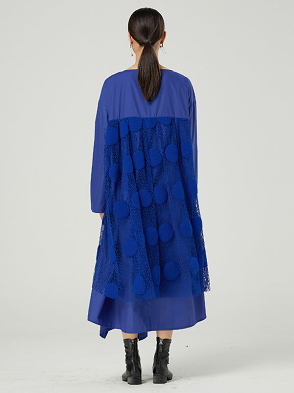 Original Split-Joint Round-Neck Long Sleeves Lace Midi Dress