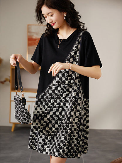 Original Loose Split-Joint Letter Printed Round-Neck Short Sleeves False Two Mini Dress
