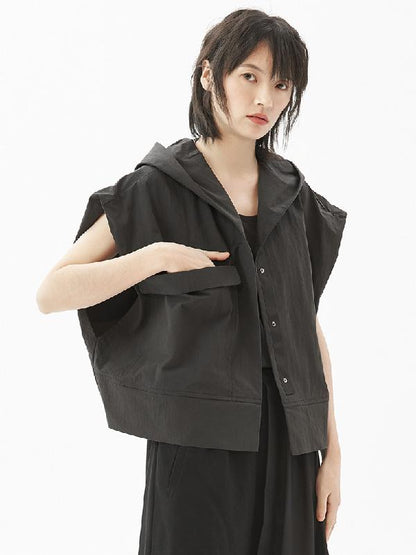 Original Simple Black With-hat Sleeveless Outwear
