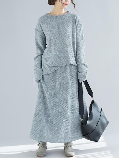 Loose Knitting Round-neck Sweater+Skirt Suits