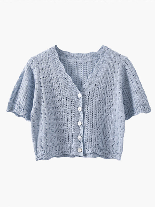 Original Solid Color V-Neck Knitting Cardigans Tops
