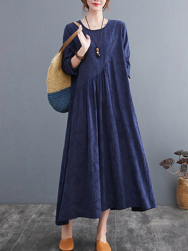 Casual Simple Solid Color Pleated Round-Neck Long Sleeves Midi Dress