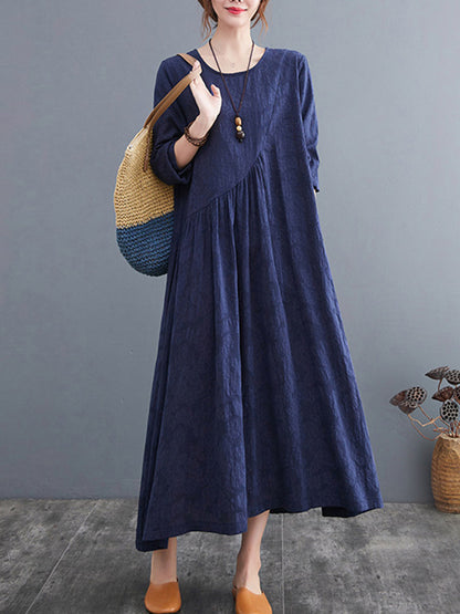 Casual Simple Solid Color Pleated Round-Neck Long Sleeves Midi Dress