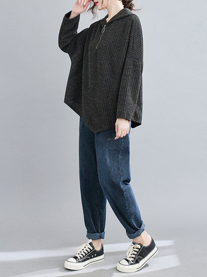 Urban Solid Color Knitting Batwing Sleeves Hoodies Top