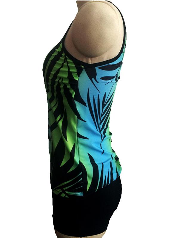 Vest Contrast Leaf Printed Tankini Swimsuit