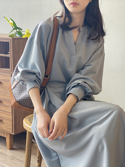 Urban Simple Solid Color Pleated Tied V-Neck Long Sleeves Midi Dress