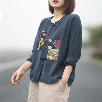 Buykud Printed Patchwork Single Breasted Knitted Coat