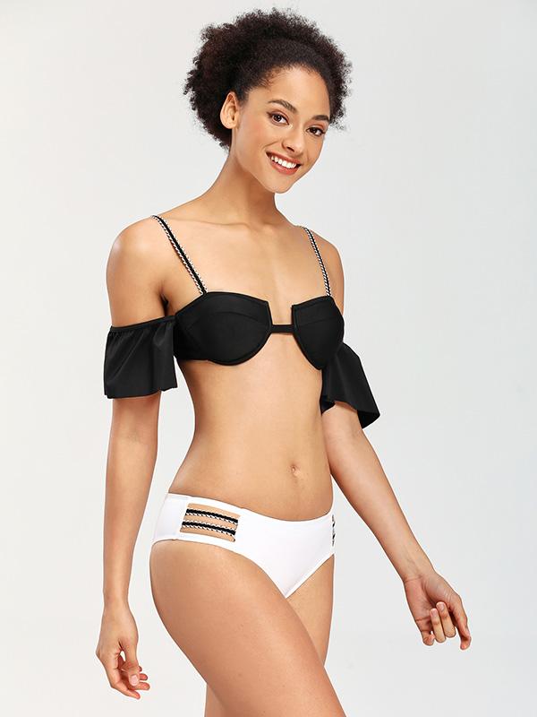 Falbala Sleeves Strapless Split Bikini Swimsuit