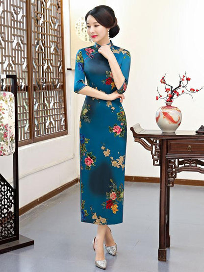 National Flower Printed Long Cheongsam