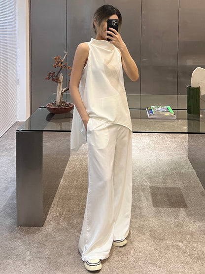 White&Black High-Neck High-Low Vest