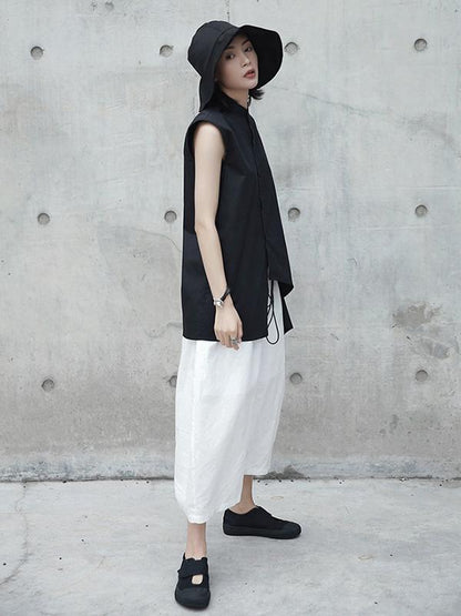 Black Cropped Stand Collar Sleeveless Blouse