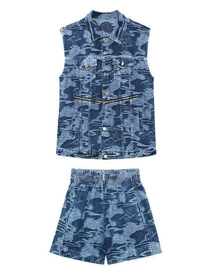 Stylish Buttoned Lapel Zipper Sleeveless Denim Two Pieces Set