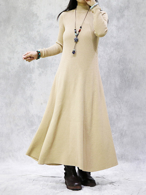Artistic Retro Solid Color Split-Joint High-Neck Long Sleeves Knitted Sweater Dress