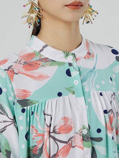 Stylish Buttoned Printed Loose Long Sleeves Midi Dress