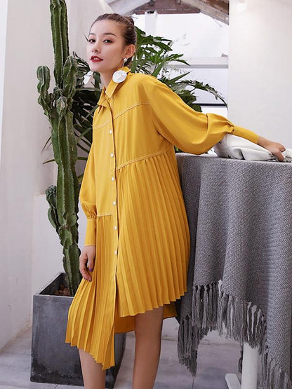 Loose Ruffled Solid Asymmetric Shirt Dress