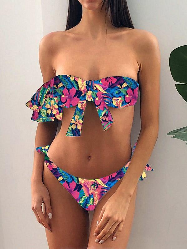 Strapless One-Shoulder Falbala Bandage Bikini Swimsuit