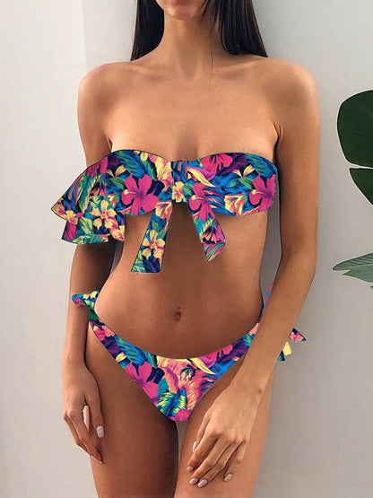 Strapless One-Shoulder Falbala Bandage Bikini Swimsuit