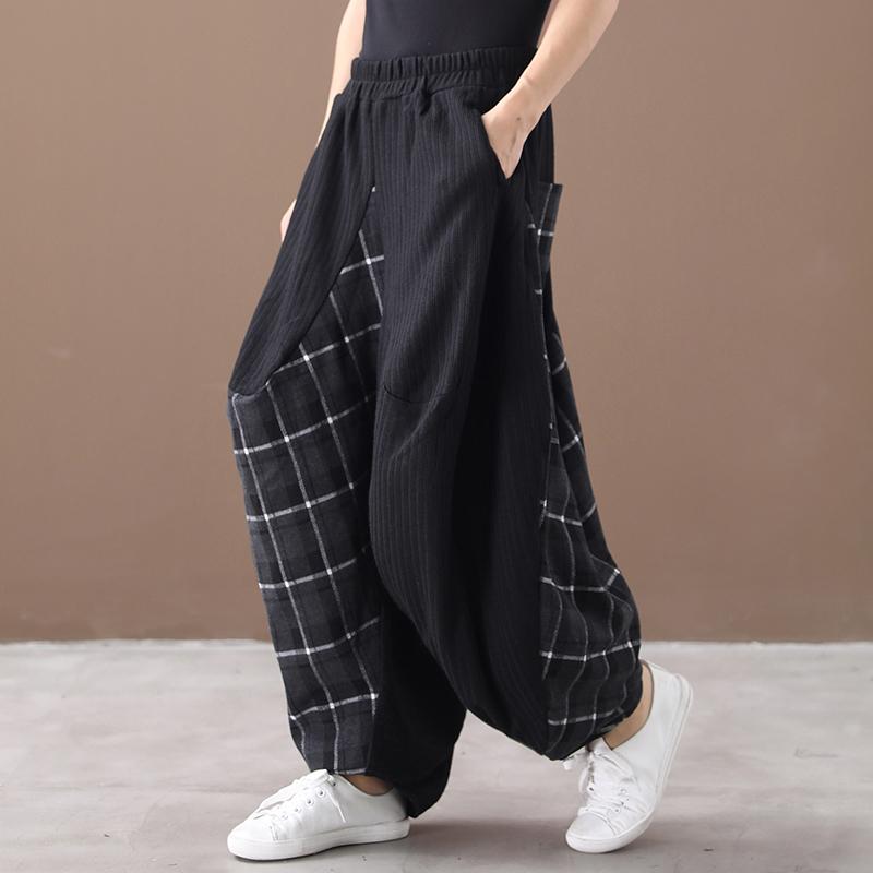 Buykud Loose Plaid Stitching Irregular Harem Pants