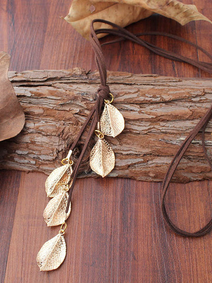 Vintage Alloy Multi-Leaf Velour Leather Rope Necklace