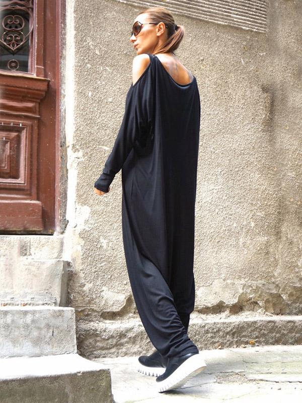 Loose Black Cold-shoulder Long Sleeves Jumpsuits