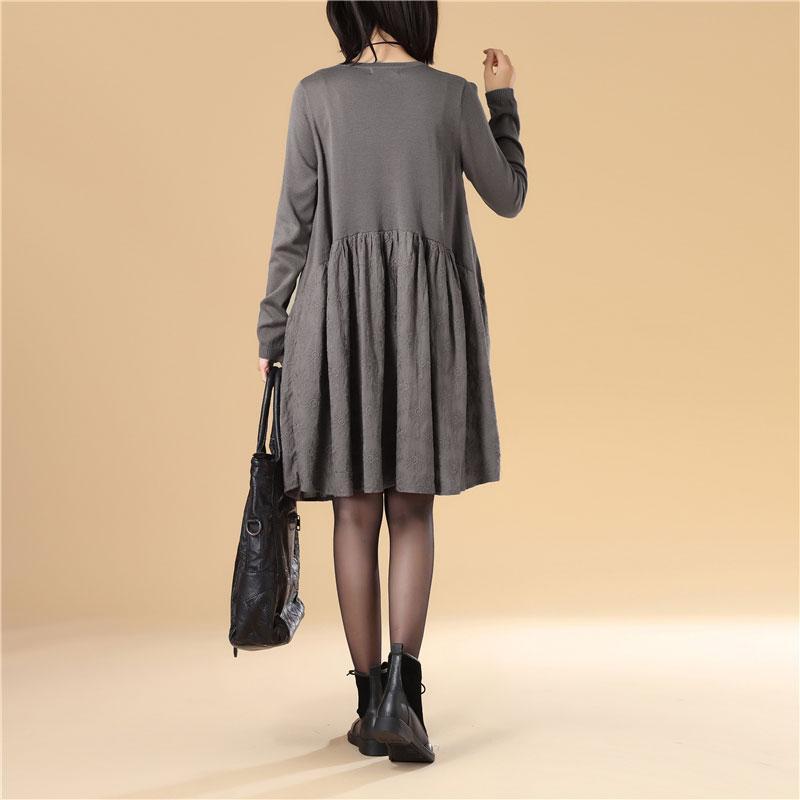 Embroidered Women Long Sleeve Folded Splicing Gray Sweater Dress