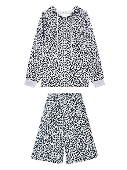 Stylish Loose Leopard Drawstring Long Sleeves Hoodies&Wide Legs Shorts 2 Pieces Set