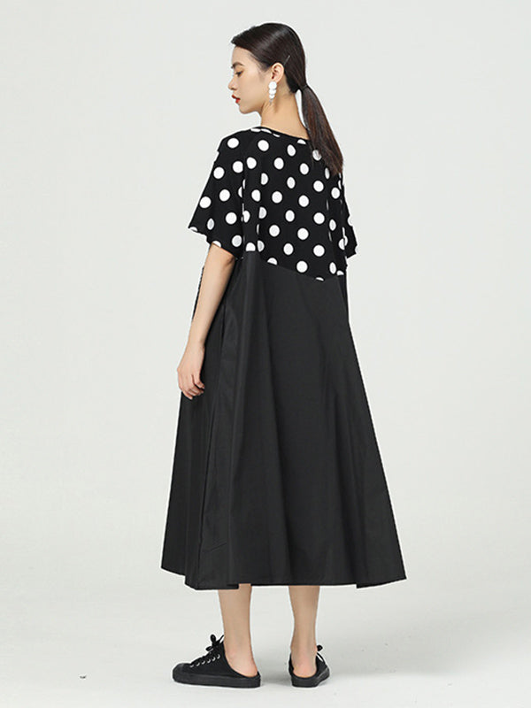Original Split-Joint Polka-Dot Contrast Color Round-Neck Short Sleeves Midi Dress