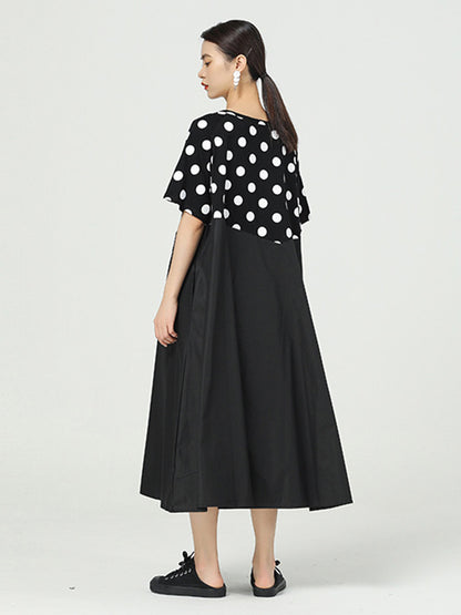 Original Split-Joint Polka-Dot Contrast Color Round-Neck Short Sleeves Midi Dress