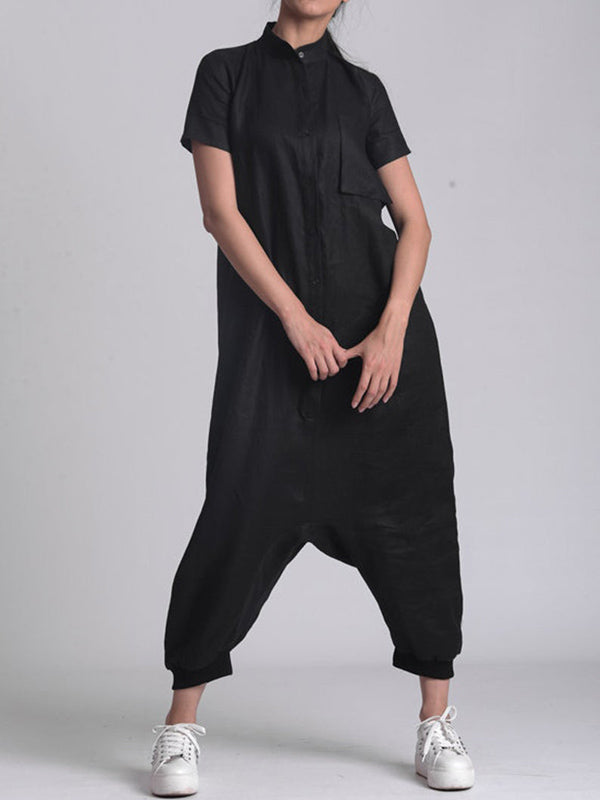 Simple Black Stand Collar Low Crotch Short Sleeves Jumpsuits