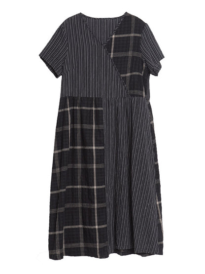 Artistic Retro Loose Split-Joint Striped Plaid V-Neck Short Sleeves Midi Dress