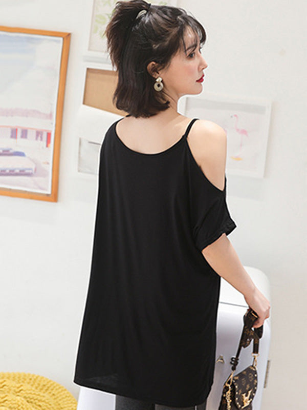 Casual Solid Color Asymmetric Cold Shoulder Spaghetti-Neck T-Shirt