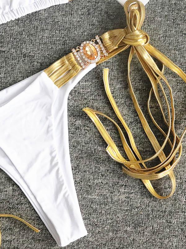 Gorgeous Embellished Triangles Bandage Split Bikini Swimsuit