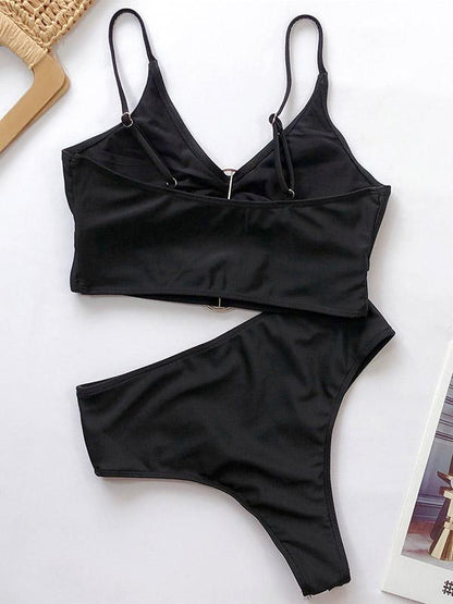Spaghetti-Neck Metal Buckle Split-Joint Bikini Swimsuit