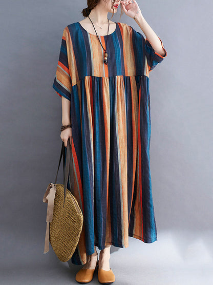 Colorful Stripe Split-Joint Round-Neck Long Dress