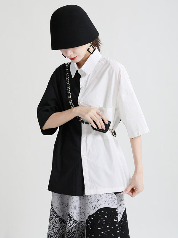 Original Contrast Color Split-Joint With Pocket Buttoned Lapel Color Long Sleeves Blouse