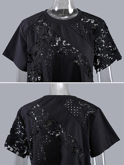 Irregular Hollow Lace Solid Color Round-Neck Short Sleeves T-Shirt Tops
