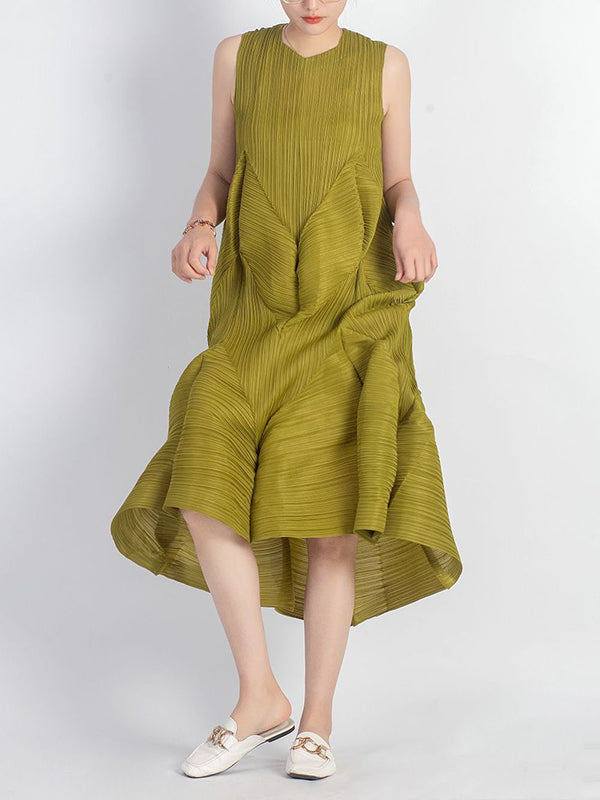Casual Sleeveless Loose Pleated Solid Color Round-Neck Midi Dresses