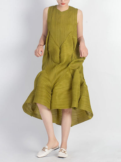 Casual Sleeveless Loose Pleated Solid Color Round-Neck Midi Dresses