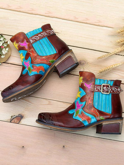 Bohemia Cow Leather Chunky Heel Booties