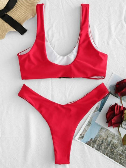 Red Plain High Cut Bikinis Swimwear