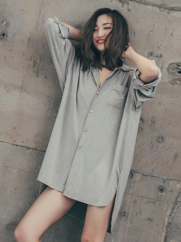 Leisure Solid Lapel Shirt Dress Pajama