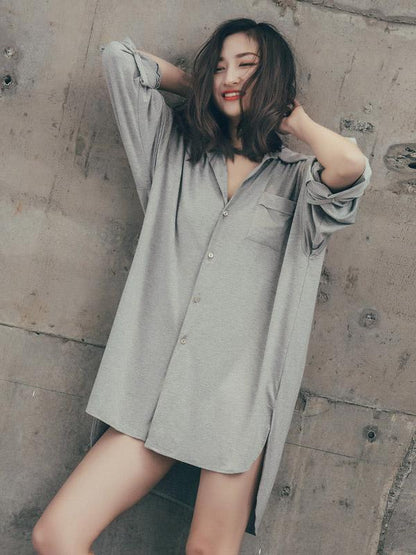 Leisure Solid Lapel Shirt Dress Pajama