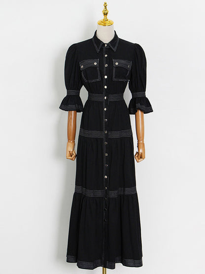 Original Lapel Split-Joint Buttoned Bishop Sleeve Maxi Dress