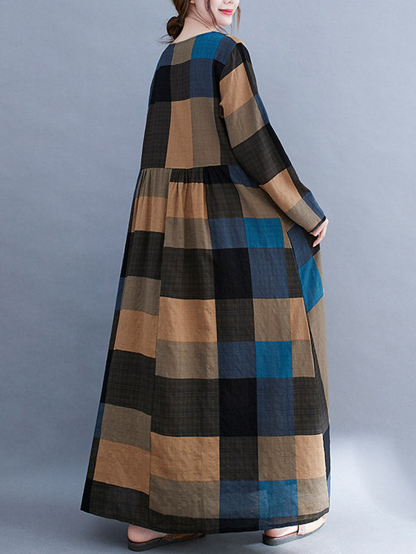 Vintage Ramie Cotton Long Sleeves A-Line Maxi Dresses