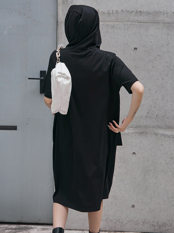 Original Black Zipper Split-Side Hooded H-Line Short Sleeves Midi Dress