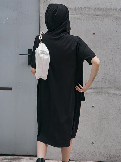 Original Black Zipper Split-Side Hooded H-Line Short Sleeves Midi Dress