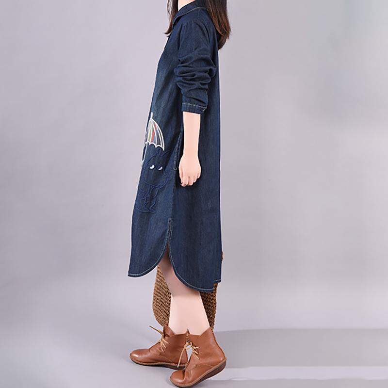 Buykud Cute Embroidered Umbrella Casual Denim Dress