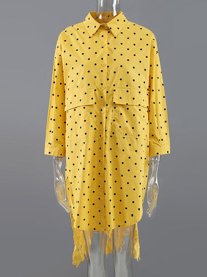 Stylish Split-Joint Polka-Dot Hollow Buttoned Lapel Collar Loose Shirt Dress
