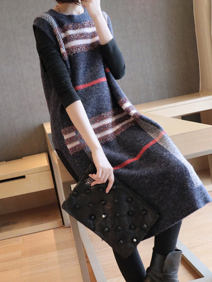 Artistic Retro Striped Split-Side Round-Neck Sleeveless Knitted Vest