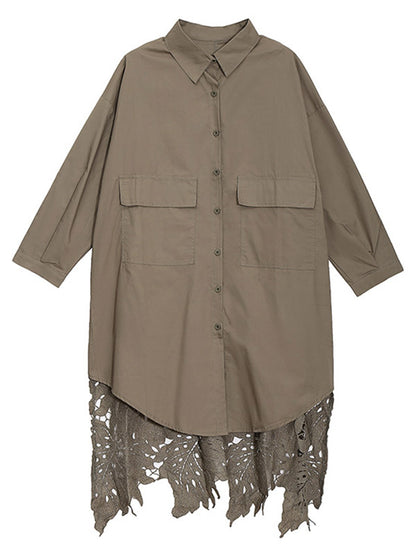 Original Split-Joint Hollow Lace Buttoned Long Sleeves Lapel Collar Midi Shirt Dress